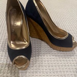 Jimmy Choo Black and Gold Peep-Toe Wedges